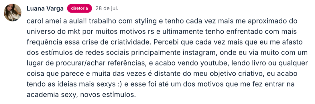 Depoimento de aluna na comunidade da Academia Sexy Minds