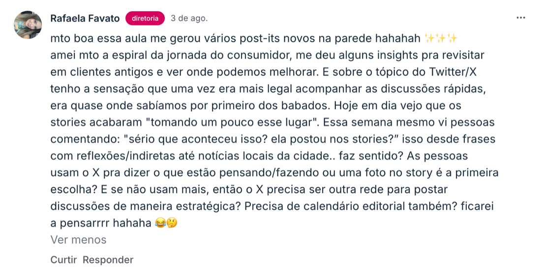 Depoimento de aluna na comunidade da Academia Sexy Minds