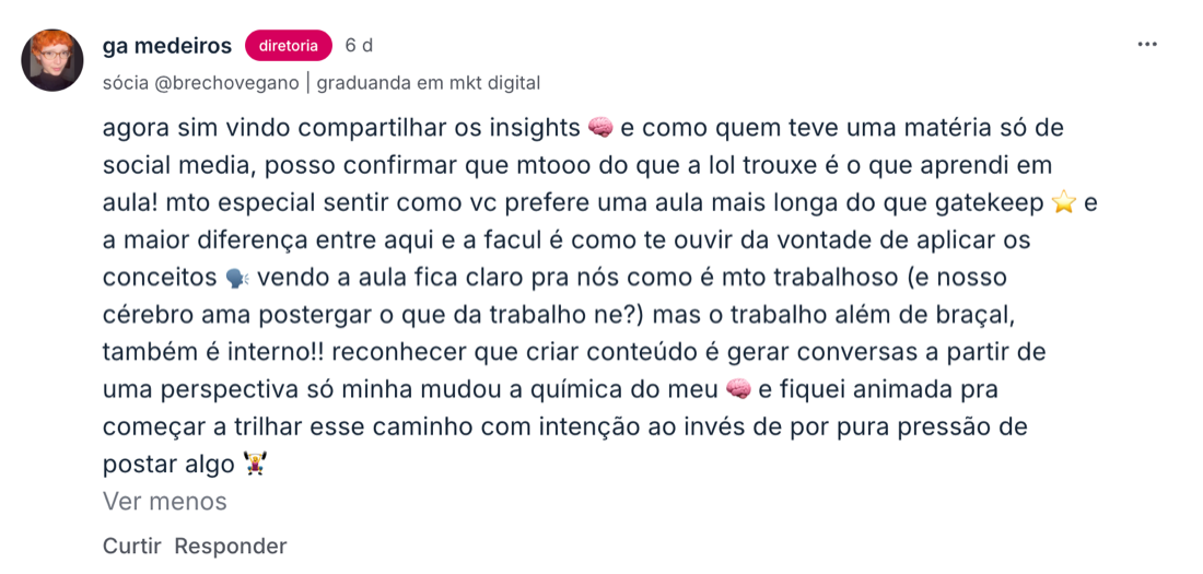 Depoimento de aluna na comunidade da Academia Sexy Minds