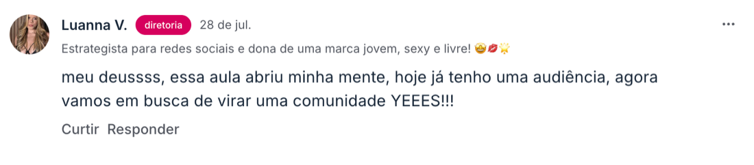 Depoimento de aluna na comunidade da Academia Sexy Minds