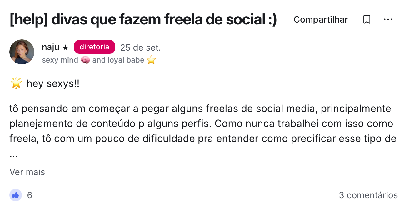 Post de aluna pedindo ajuda para precificar freelas de social media
